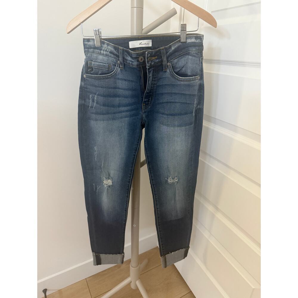Kancan Stella Low Rise Ankle Skinny Jeans Dark Wash Blue Size 28 Distressed Crop